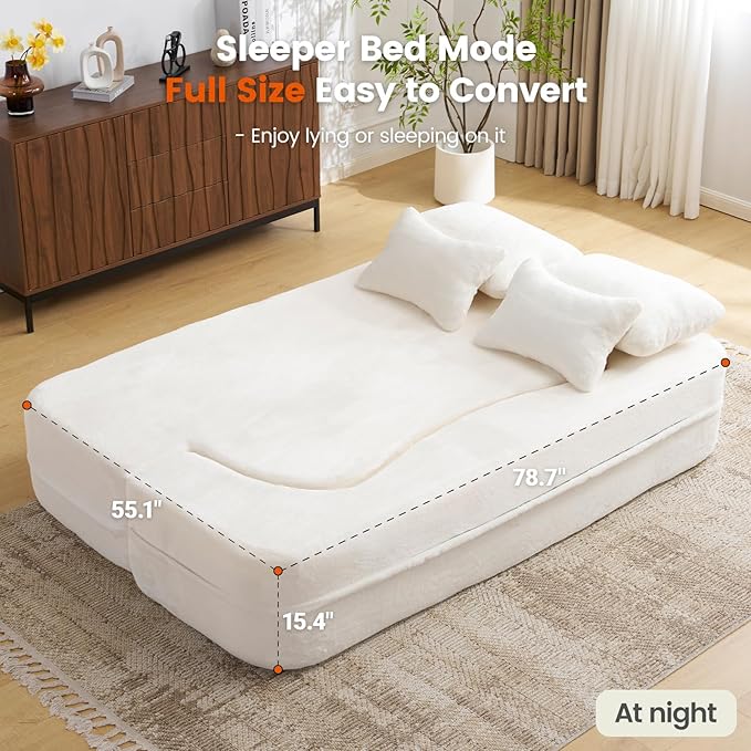 Orynveela Convertible Folding Sofa Bed, 78” Full Size Floor Sleeper Couch, Chenille Full Foam Curved Back Futon Loveseat for Living Room Bedroom, No Assembly (Beige White)
