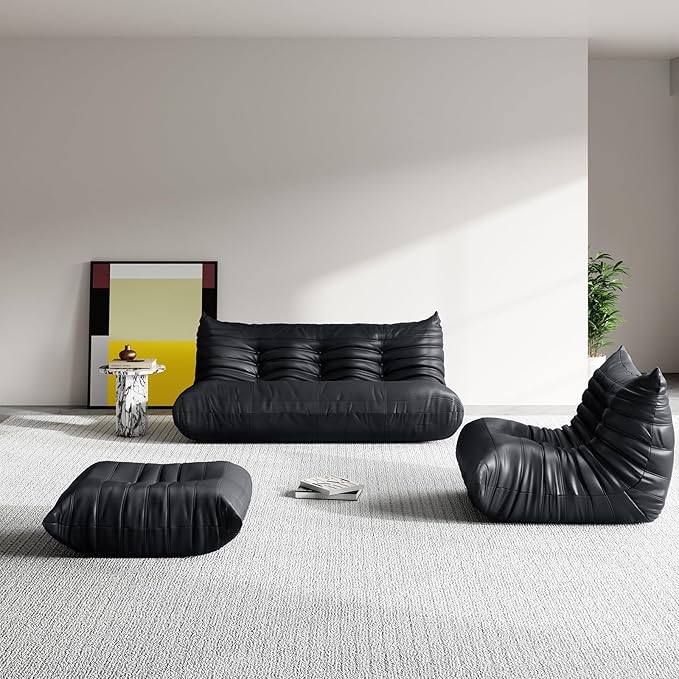 Foam Bean Bag Chairs for Adults,Big Faux Leather Bean Bag Lounger Couches, Modern Sofa,Floor Lazy Sponge Couch for Living Room Bedroom Dorm Office,Black