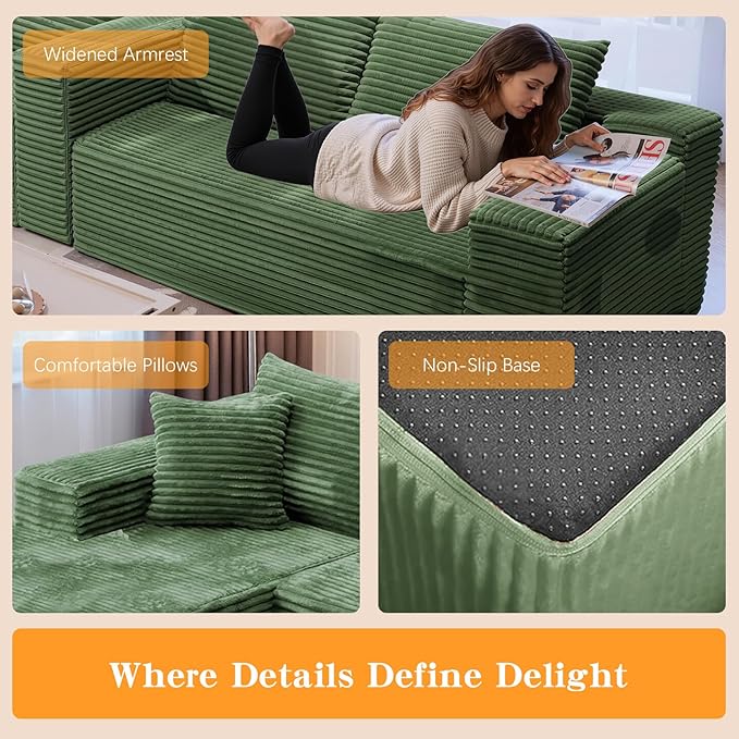 106'' Boneless Couches for Living Room, L Shaped Modular Sectional Sofa with Chaise Lounge, Faux Rabbit Fur Layered Cushion Deep Seat Cloud Couch, No Assembly (Green, 106 L Shaped Left Facing Chaise)