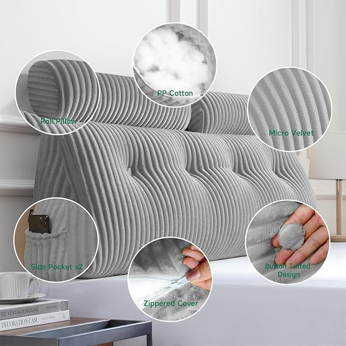 Z-hom Large Wedge Pillow Headboard, King Triangular Headboard Pillow, Reading Pillow Bed with a Roll Pillow for Bed Sitting Up Sleeping, Backrest Cushion Headboard Gap Pillow for Back, Light Gray