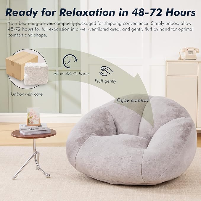 3.28 Feet Bean Bag Chair for Adults, Shell-Shaped Bean Bag Lazy Couch, Faux Fur Cloud Sofa Chair, Lounge Floor Sofa with Filler for Reading, Gaming & Watching, No Assembly Required (Light Grey)