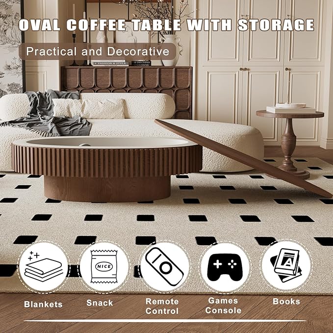 FGXJY Oval Coffee Table with Storage, Modern Walnut Coffee Table with Solid Wood Veneered, Fluted Center Table Wood Drum Tea Table for Living Room Apartment, 47.2''L×23.6''W×14.2''H