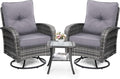 wildformers Luxury Outdoor Swivel Wicker Glider Patio Chairs with Table Set, Overstuffed Washable Cushions, Ideal for Porch, Balcony, Deck, Grey Rattan and Grey Cushion