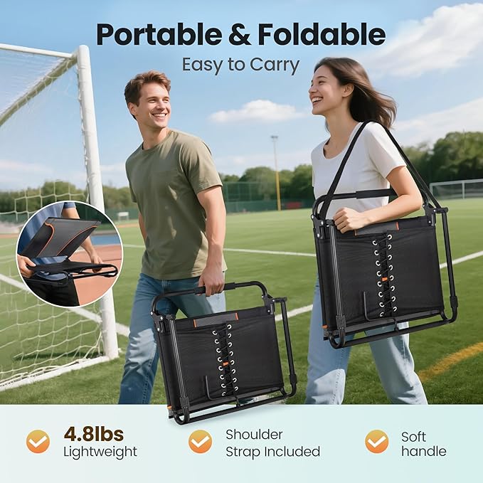HIGH POINT SPORTS Folding Stadium Seat Bleacher Chair with Mesh Bag and Hide Hooks, 2 Pack Portable Stadium Chair with Back, Outdoor Comfort Chair, Black Grey