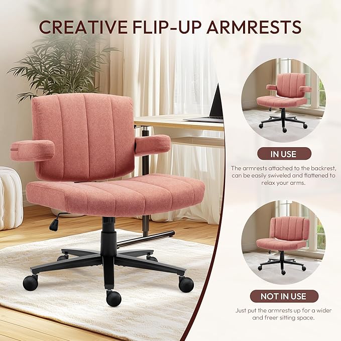Vigosit Pink Criss Cross Office Chair with Wheels, Ergonomic Wide Seat Vanity & Dressing Table Chair, Adjustable Arms Swivel Rolling Desk Chair for Women, Comfortable Cross-Legged Support