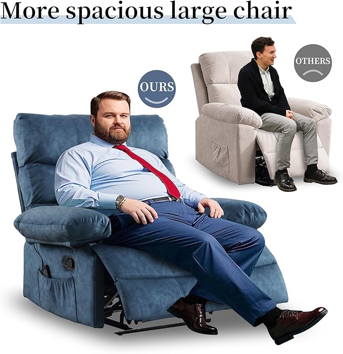 Oversized Recliner Chair Extra Wide Large Recliner for Adults 350lbs with Lumbar Support Pillow Nursery Chair Living Room (Manual, Blue-6002)
