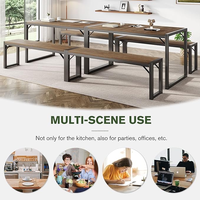 IMUsee 3PC 47.2" Dining Table Set for 4 with Benches, Heavy Duty Metal Frame, Small Space Saving Kitchen Dinette, Wood Board and Grey Legs