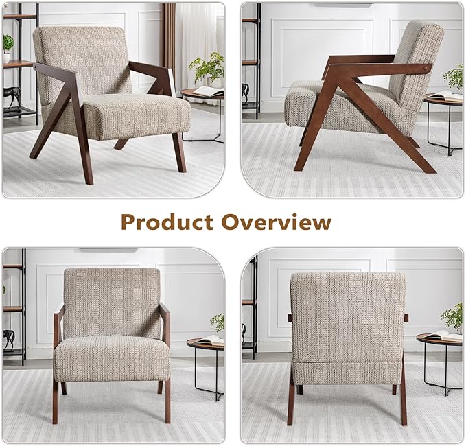 Bonzy Home Mid-Century Modern Accent Chair Set of 2 with Wood Frame, Upholstered Armchair for Bedroom & Living Room, Linen Fabric Cushion, Z-Shaped Armrest Design, Sturdy Lounge Chair
