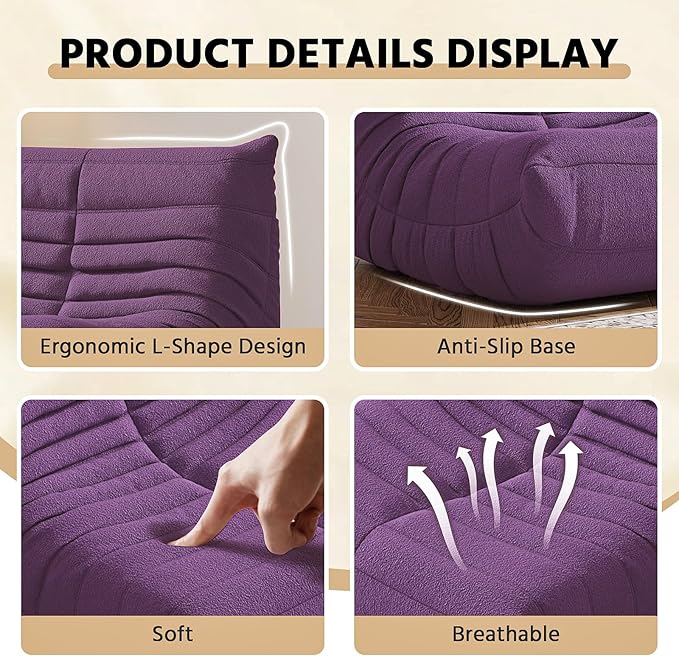 Bean Bag Chair, Fireside Chair, Large Bean Bag Chair for Adults, Bean Bag Chairs for Teens with High-Resilience Foam, Non-Slip Base Floor Lounge Sofa,Living Room (Purple, 3-Seater)