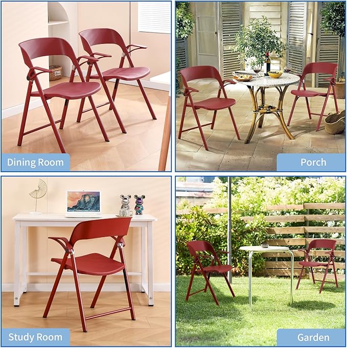 KAIHAOWIN 2 Pack Plastic Folding Chair with Armrest, Heavy Duty Foldable Chairs with Steel Frame Commercial Stackable Guest Chairs for Indoor and Outdoor-Red
