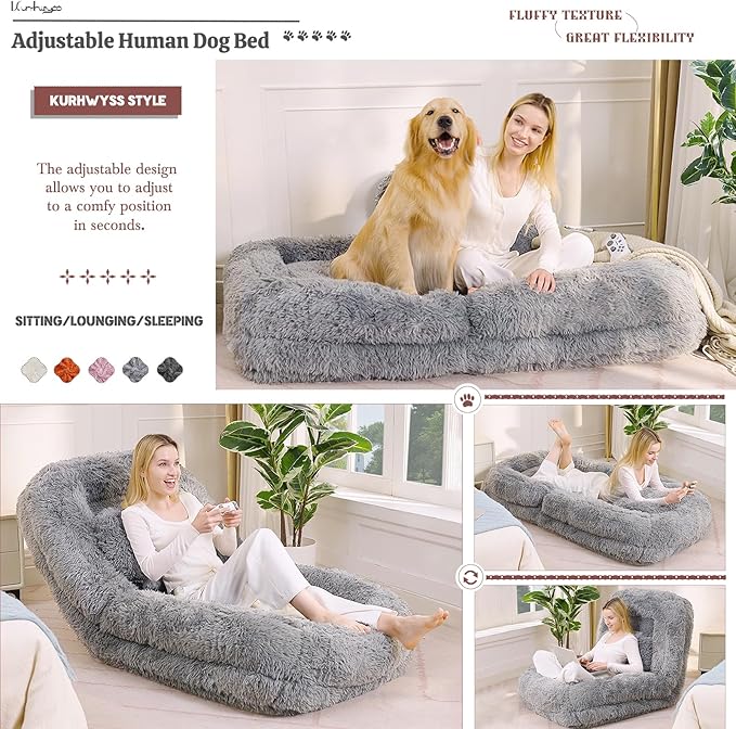 Upholstered Human Dog Bed for Adult & Pets, Convertible Lazy Sofa Bed with 5 Adjustable Position, Comfy Tatami Bean Bag Lounge Chair with 2 Soft Pillows for Bedroom Living Room (Light Gray Fluffy)