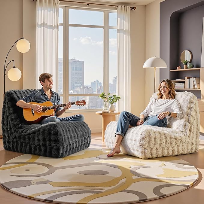 Bean Bag Chair for Adults, Giant Beanbag Lounger with Plush Faux Fur, Comfy Memory Foam Chair Floor Lazy Chair for Living Room Bedroom Dorm Apartment Reading Nook，Dark Grey
