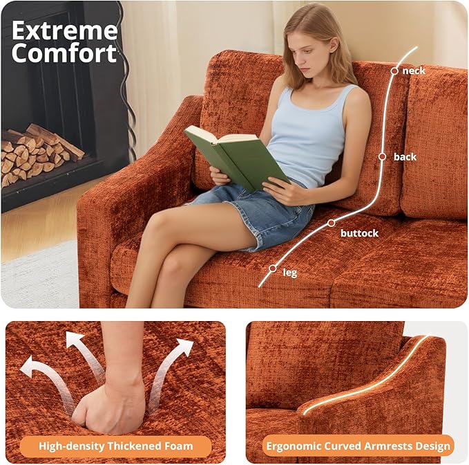 ACMEASE 67 Inches Chenille 2-Seat Sofa w/Comfortable Back Cushions, Modern Love Seat w/Deep Seat Space, Upholstered 2 Seater Couch w/High Resiliency Foam for Living Room, Office, Orange