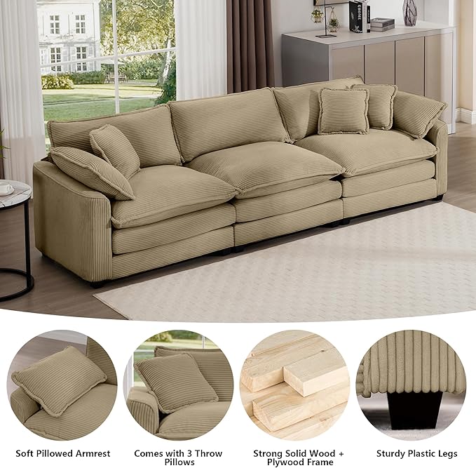 Aoowow Corduroy 3 Seater Sofa Couch,Modern Large Cloud Couches for Living Room,Modular Sectional Cloud Sofas with Deep Seat,Oversized Tufted 3 Seat Sofa Set. (Tan, 3 Seater)