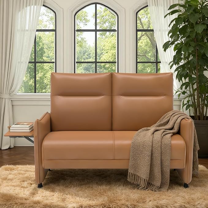 Faux Leather Loveseat, Upholstered Loveseat with Hidden Foldable Tray & Side Pocket, Front Contour Arm Design, Modern 2-Seater Sofa Couch for Compact Spaces, Brown