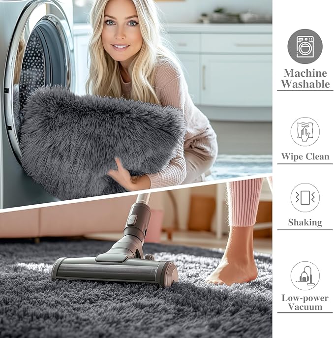 OLANLY 9x12 Machine Washable Large Area Rugs for Living Room, Bedroom, Soft Fluffy Shaggy Bedside Rug, Indoor Floor Carpet for Kids Girls and Boys, Dorms, Nursery, Home Decor Aesthetic, Grey