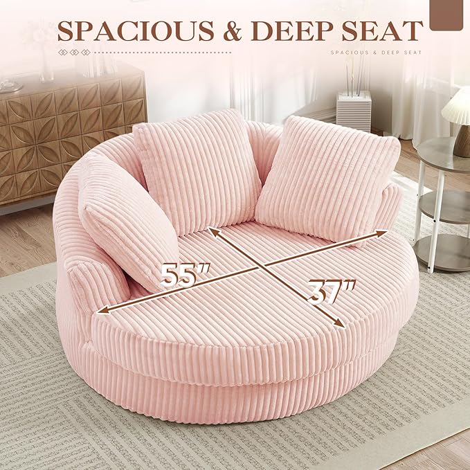 61"W Oversized Round Chaise Lounge Chair Indoor, Upholstered Corduroy Large Circle Boneless Chair with Deep Seat, No Assembly Required, Modern Comfy Cloud Sofa Chairs for Living Room, Bedroom(PInk)