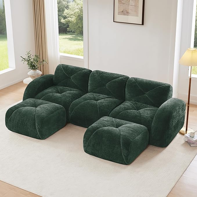 Modular Sectional Sofa with Free Combination,Boneless Floor Couch for Living Room & Lounge,Velvet 3-Seater Sectional Couch with 2 Ottomans,No Assembly Needed