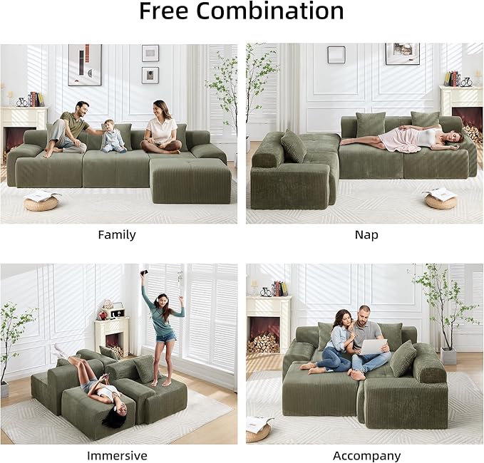 118" Modern L-Shaped Modular Sectional Sofa, Boneless Couches for Living Room, Corduroy Upholstered Sofa with Deep Seat, Oversized 3-Seater Cloud Sectional Couch,No Assembly, Green