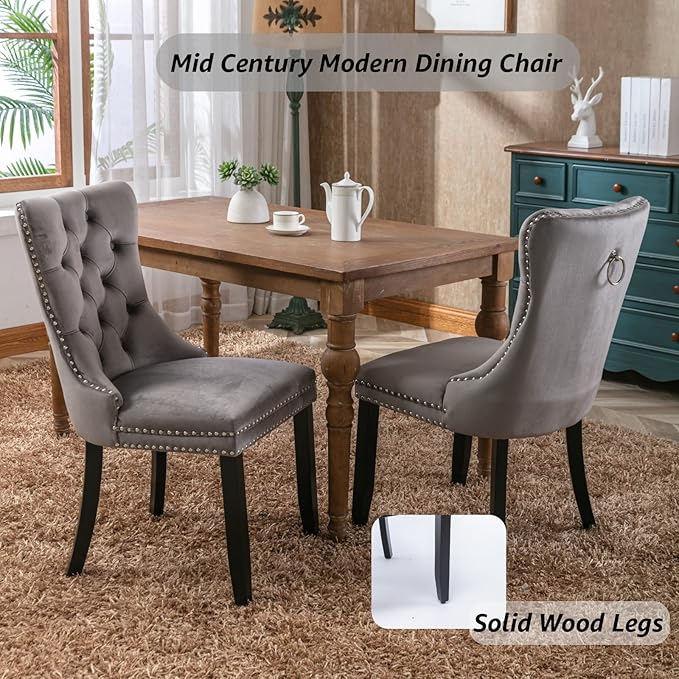 YeahFurn Grey Mid Century Modern Dining Chairs Set of 2, Velvet Upholstered Kitchen & Dining Room Chairs with Nailhead Trim & Solid Wood Legs, Elegant Sillas De Comedor (Grey, 2 Pcs)