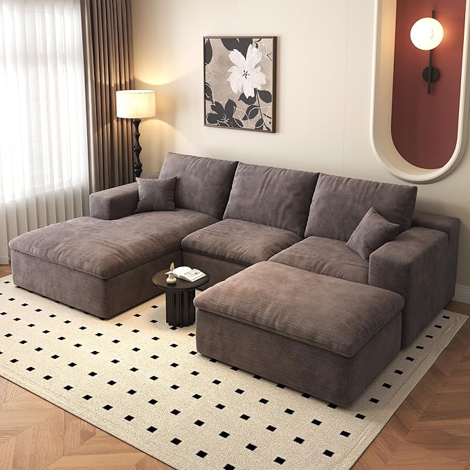 107'' U-Shaped Modern Modular Sectional Cloud Couch Whit Ottoman, 4-Seat Chenille Deep-Seat Sofa with Pillow for Living Room, Bedroom, Apartment, Camel