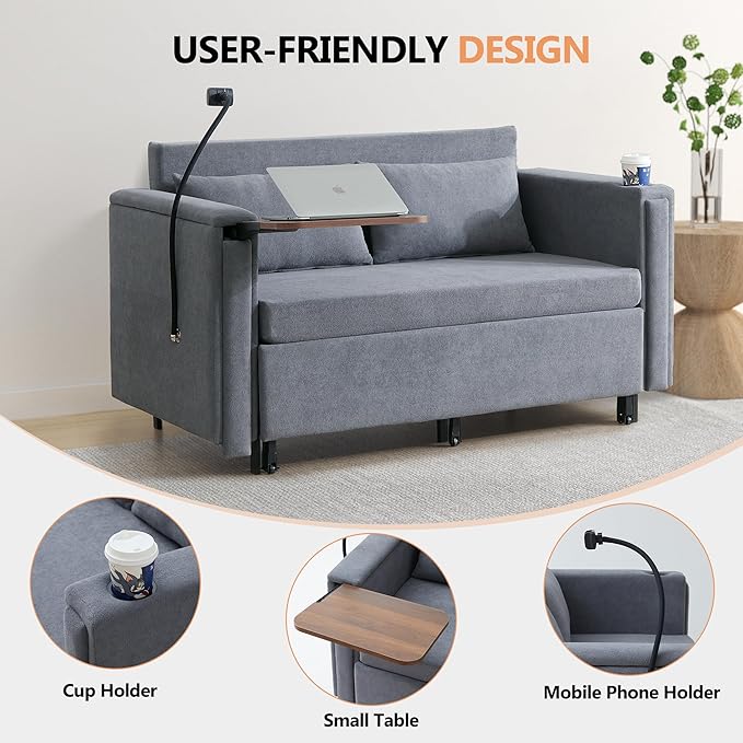 ORRD Pull Out Sofa Bed, 2-in-1 Multi-Functional Sleeper Couch Small Loveseat Bed with Hidden Side Table, Phone Holder and Cup Holder for Living Room, Small Space, Apartment (Grey)