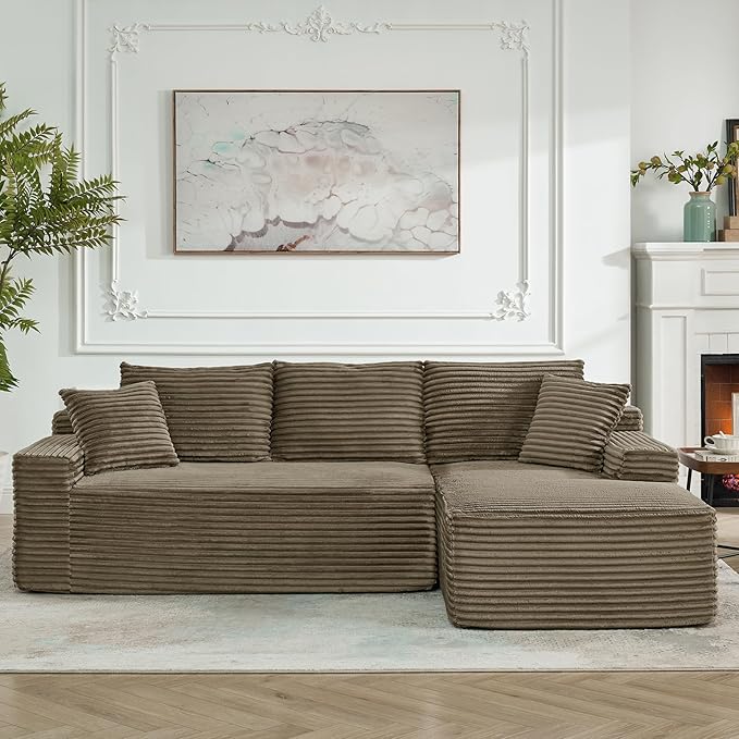 HYJT-H&K Modular Sectional Sofa Cloud Sectional Couch, 95" Comfy Fluffy L Shaped Brown Couches for Living Room, Deep Seat Memory Foam Plush Corduroy Boneless Couch Sectionals Right Facing Chaise Sofa