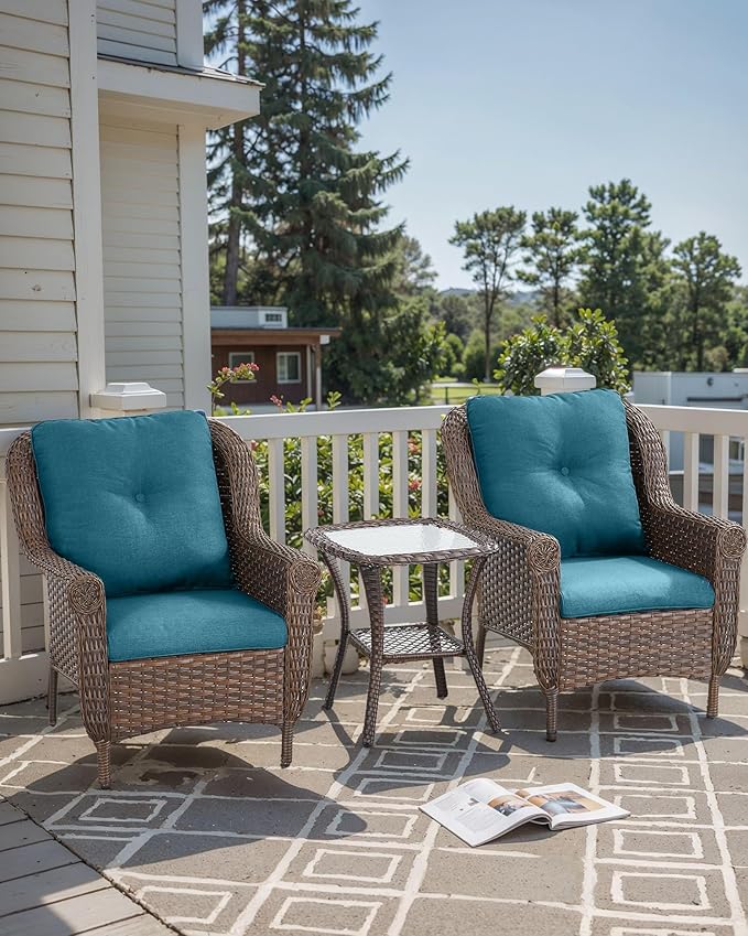 ACTREST 3 Piece Patio Brown Wicker Chairs with Side Table - Outdoor High Back Heavy Duty All-Weather Lawn Dining Rattan Chair Conversation Bistro Set for Deck Porch Balcony Garden - Peacock Blue