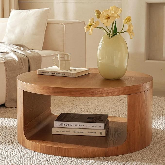 Veihaus Round Coffee Table with Storage, 31.5" Modern Living Room Table, 2 Tier Circle Wood Center Tables for Apartment, Living Room, Open-Style Storage Coffee Tables, 31.5"*15.7" (Nature Wood)