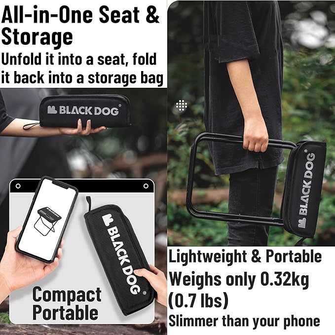 windhike Blackdog 11in Ultralight Camping Folding Stool - 0.7lb Compact Camping Chair, 265lb Capacity Aluminum Alloy X-Frame for Hiking, Fishing BBQ Portable Small Stool for Adults (Pro - Black)