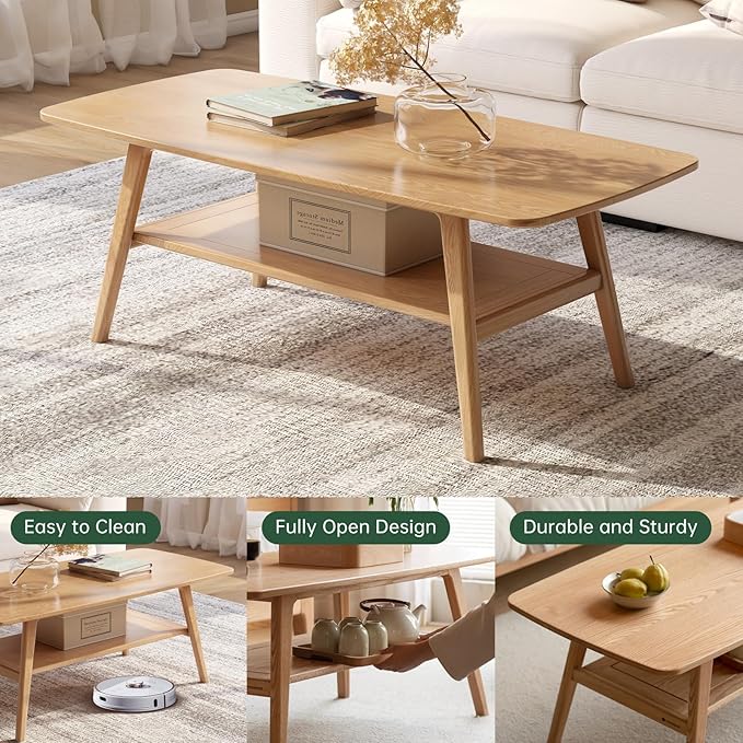 Wayshome 100% Solid Oak Wood Coffee Table for Living Room, 2-Tier Small Coffee Tables with Shelf Storage, Mid Century Modern Table with Rounded Corners (Natural, 39.37" x 19.68" x 17.32")
