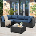 WAROOM Outdoor Patio PE Wicker 5 Piece Furniture Set, Black Rattan Sectional Conversation Sofa Chair with Coffee Table, Navy Blue Cushion