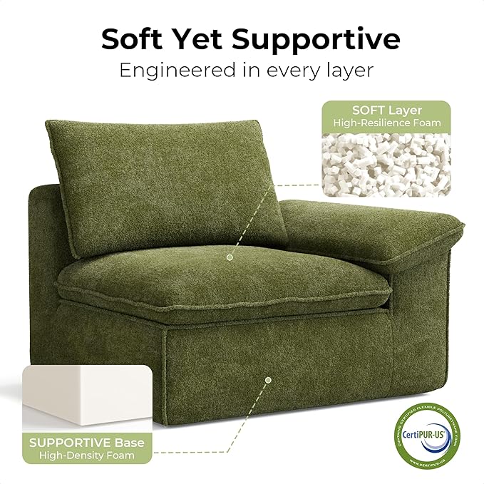 LIKIMIO 120" L-Shaped Modular Sectional Sofa, Cloud Sectional Couch with Deep Seat, Comfy Teddy Upholstery, Oversized 3-Seater with Ottoman, Boneless Couch for Living Room, No Assembly, Green