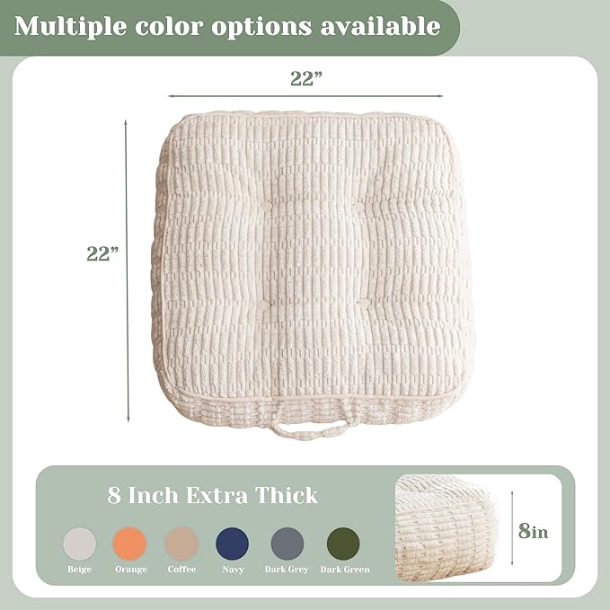8" Washable Floor Pillow Cushion for Adults, Meditation Cushion Pillow, Removable Tufted Blended Corduroy Cover, Large Square Floor Sitting for Tatami Living Room or Yoga, 22x22 Inch, Machine Washable