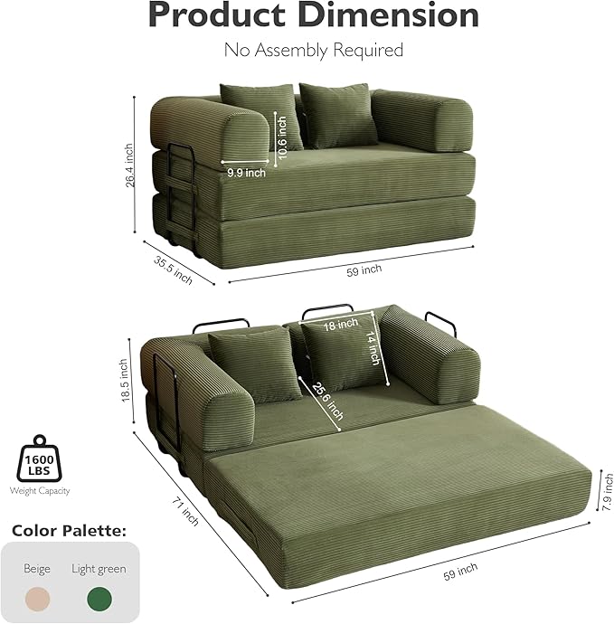 59 Inch 5-in-1 Convertible Sofa Bed, Corduroy Boneless Floor Couch with Fixed Frame & Pillow, Modular Folding Mattress Lounger for Small Space, Living Room, Bedroom - Easy Assembly(LIGHT GREEN)