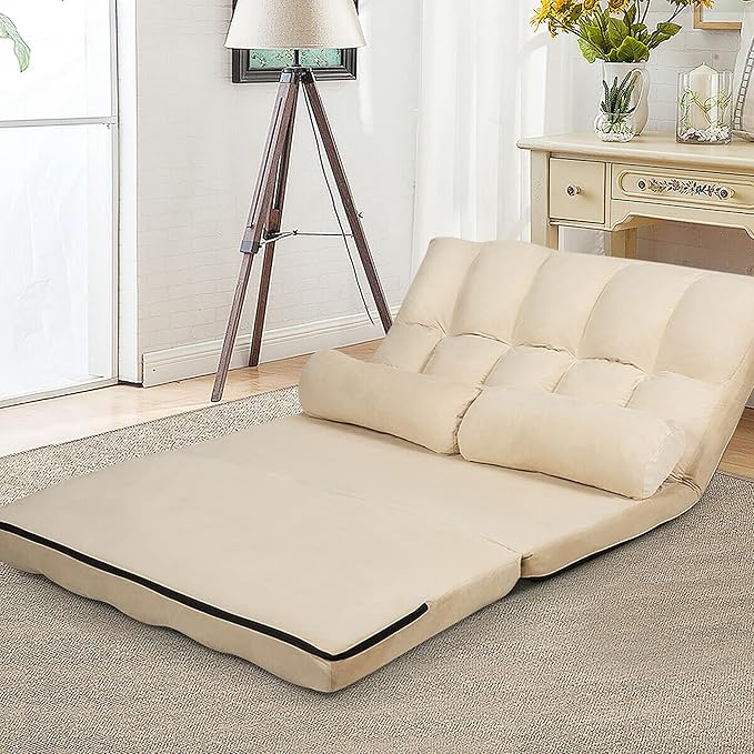 DORTALA Foldable Floor Sofa, 6-Position Adjustable Lounge Couch with 2 Pillows & Suede Cloth Cover, Modern Lounge Mattress Video Gaming Lazy Couch, Suede Floor Seating Sofa, 71" x 44.5", Beige