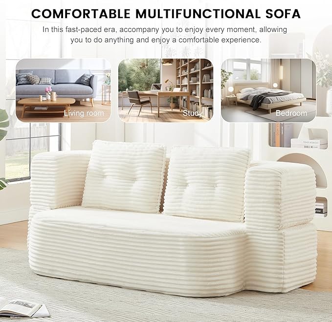 78.4" Convertible Sleeper Sofa Bed, Floor Couch Loveseat with Functional Blanket and 2 Soft Pillows,Corduroy Fabric Boneless Futon Couch for Living Room,Bedroom,Apartment(Beige)