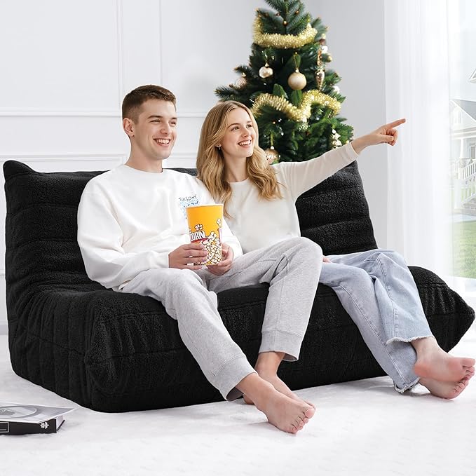 Bean Bag Loveseat Chair Big Sofa Beanbag Chair for Adults Fireside Chair Bean Bag Lounger with Memory Foam Filled for Home,Apartment or Gaming Venue（Black Teddy）