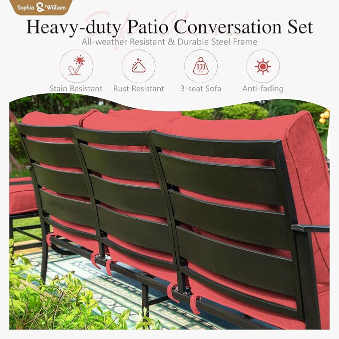 Sophia & William Patio Furniture Sets 5 Seats Outdoor Metal Conversation Sets 5 Pcs with 2 x Cushioned Swivel Sofa Chairs,1 x 3-Seat Sofa,2 x Ottomans for Coffee Lawn Backyard Poolside Red