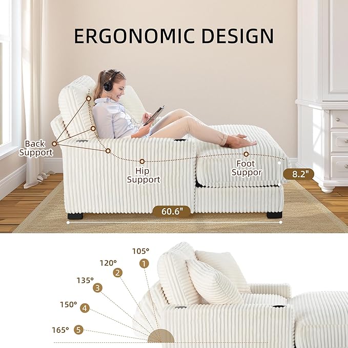 Oversized 60" Chaise Lounge Chair with Adjustable Backrest, Solid Wood Frame Corduroy Upholstery, Cup Holder USB & Type-C Port, 2 Pillows Sleeper Couch Deep Seat for Living Room, Bedroom, White