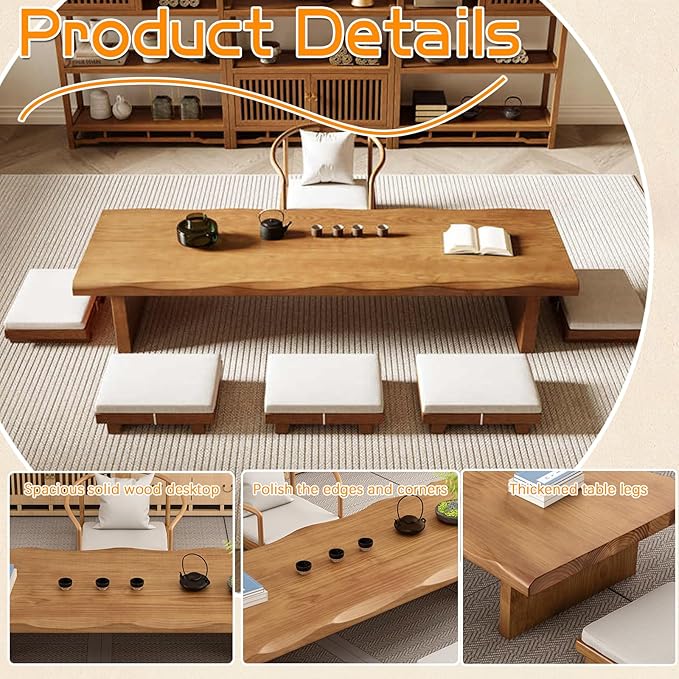 Solid Wood Japanese Tea Table, Simple and Modern Low Design, Tatami Tea Style, Zen-Inspired Kotatsu, Bay Window Seating, Floor Style (Walnut, 120 * 60 * 35cm)