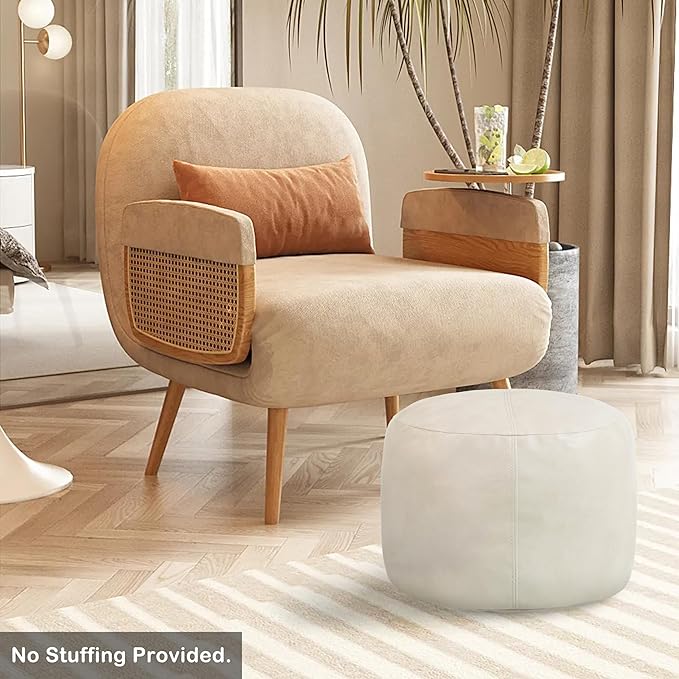 Thgonwid Unstuffed Faux Leather Pouf Cover, Handmade Footstool Ottoman Storage Solution, Floor Footrest Cushion - 16.5”Dx12”H, Ivory White