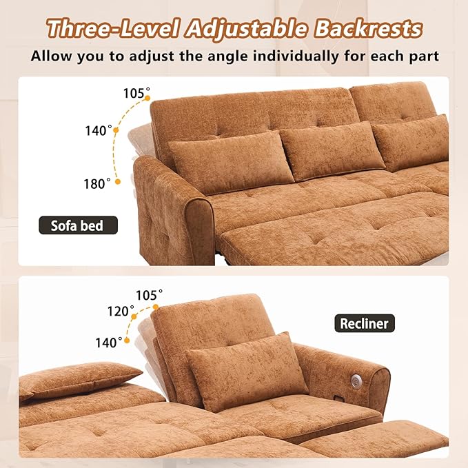 Gagawin 2 in 1 Convertible Sofa Bed with Reversible Recliner, Chenille 3-Seater Couch Sleeper with Pull Out Bed & Adjustable Backrest & Dual USB Charging Ports for Living Room, Brown