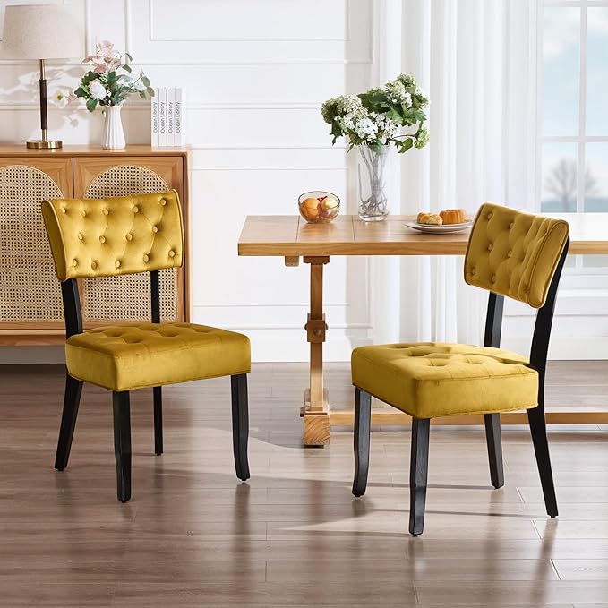 UVV Upholstered Dining Chairs Set of 4, Mid Century Modern Tufted Kitchen Chairs Dining Room Chairs, Velvet Dinner Chair with Wood Legs for Dining Room Kitchen, Turmeric-Black Legs