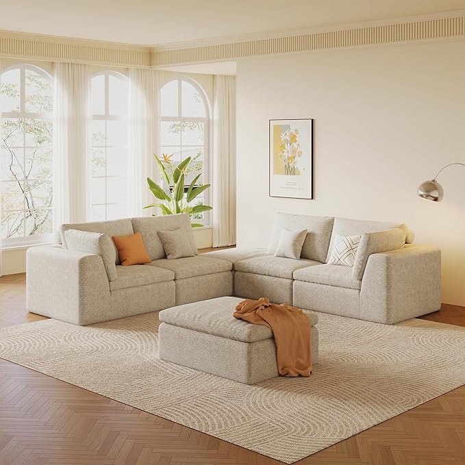 OTSLTSOO 39.4" Oversized Ottoman Foot Rest for Sectional Couch, Movable Cloud Rectangle Ottoman with Memory Foam and Soft Teddy Fleece, Modular Pouf, No Assembly Required, Non-Slip Bottom (Beige)