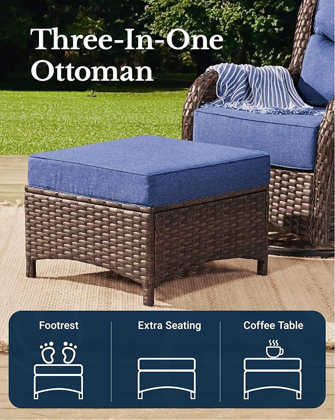 HILLGA Luxury Patio Furniture Set with 6-inch Thick Cushion, Outdoor High Back Swivel Rocker Patio Chairs, 6PCS Wicker Conversation Set for Deck Yard and Poolside, Blue (V2)