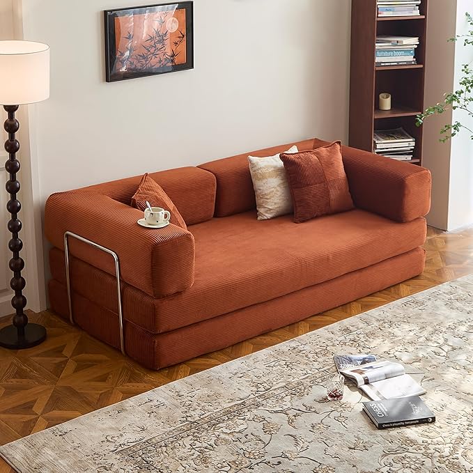 LIAROO 98.4" Convertible Sofa Bed - Compression Sofa with Corduroy Fabric - with Armrests and Backrest - Modular Sectional for Living Room, Bedroom, Studio - Compression Sofa in Box (Orange)