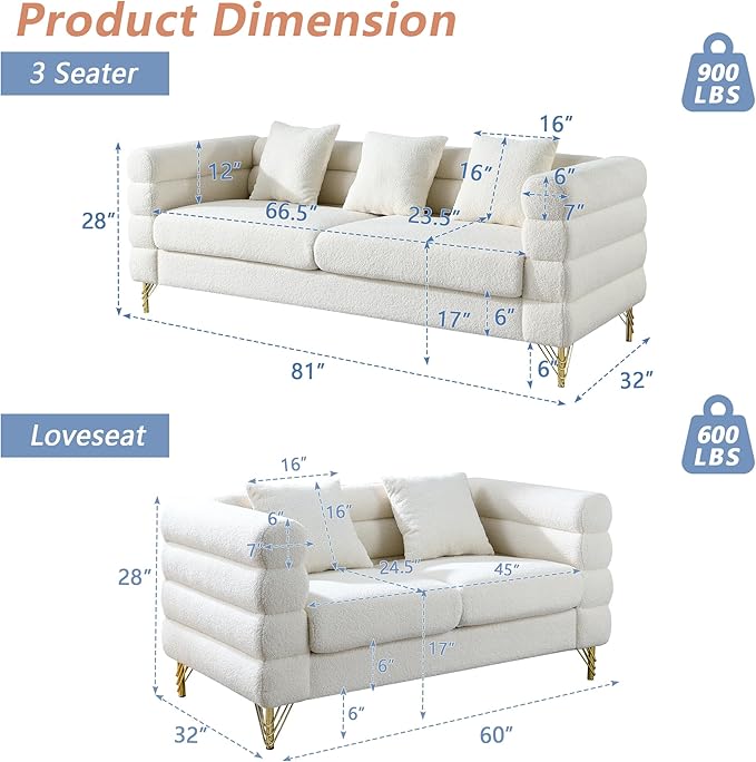 mikibama Luxury Teddy Sofa Set for Living Room, Modern Decor Furniture Sectional Sofa, 3 Seater Couch and Loveseat with 5 Pillows for Apartment, Office, Hall (White)