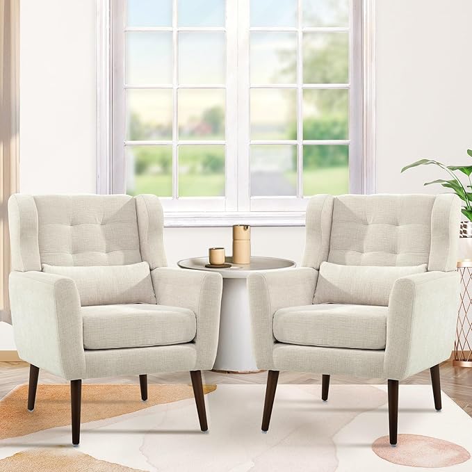 QKFF Modern Accent Chair, Upholstered Armchair with Pillow, Fabric Single Sofa Chair with Lounge Seat and Wood Legs Accent Chair for Living Room Bedroom Small Spaces (Beige, Set of 2)