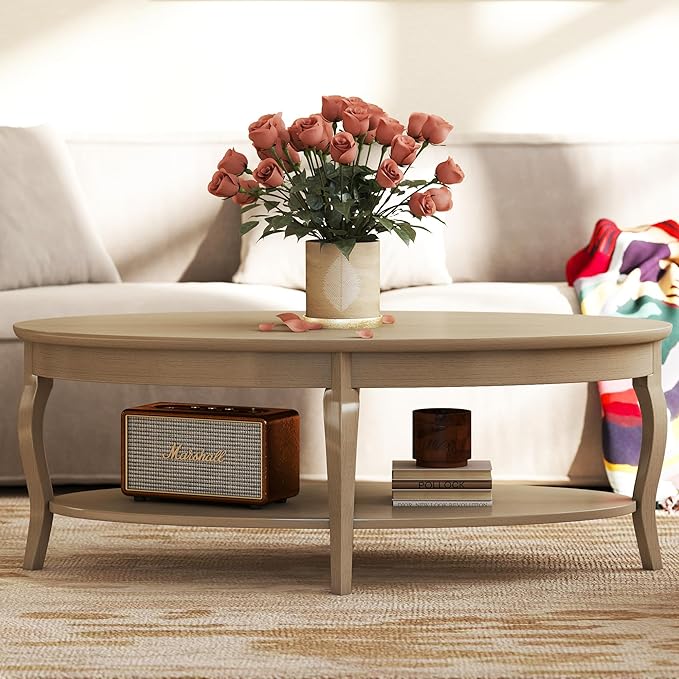 LZAREAL Coffee Table with Storage Oval Solid Wood Coffee Table Antique Farmhosue Living Room Table Rustic Center Table for Living Room Guest Room Reception Room Waiting Room, Faded White Color